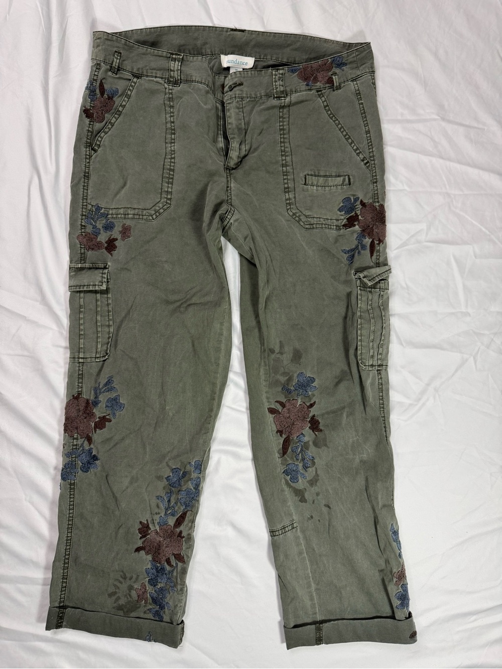 Sundance Olive Cargo Pants with Floral Embroidery